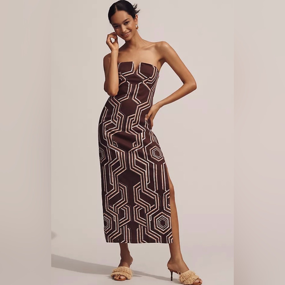NWT Anthropologie Soleil Linen Geometric Plunge- Neck Midi Dress